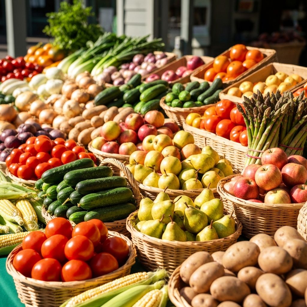 Farmers market display of seasonal fresh produce